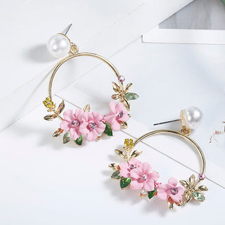 Trendy Cute Pink Flower Earrings For Women Girls Jewelry Female Rhinestone Gold Metal Round Circle Earrings Gift