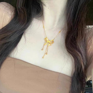 Bow Necklace Alluvial Gold Pendant Copper-plated Gold Heart Tassel Necklace For Women